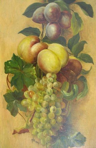 Superb1897 antique Victorian oil painting still - life of hanging fruit signed M W 3
