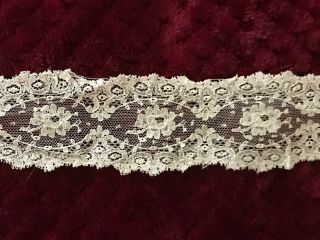 Fine French Antique Handmade Lace Insertion Or Lappet 22 " By 1 1/2 "