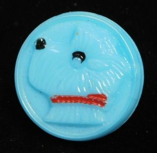 Antique Vtg Button Blue Glass Scotty Dog Face Bow Wow 9/16 D4