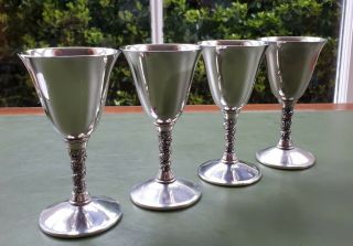 Set Of 4 Vintage Flastaff Silver Plate Wine Goblets.  Grapevine Stems.  Dining