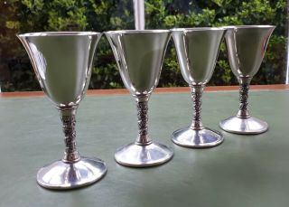 Set of 4 Vintage Flastaff Silver Plate Wine Goblets.  Grapevine Stems.  Dining 2