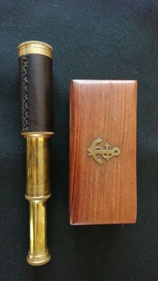 22cm Nautical Marine Leather Stitched Solid Brass Telescope In Wooden Box