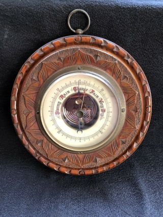 Vintage Carved Wood Brass Barometer Model Number 5420,  Round