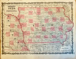 Antique Sheet Map Of Iowa And Eastern Nebraska From Johnson 