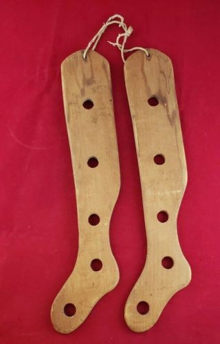 Antique Pair Sock Stretcher Small Child Size 16 " Wooden Primitive Stocking Form