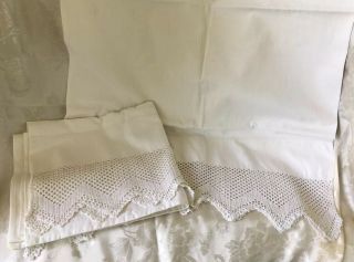 Vintage Pair Pillowcases Antique Crocheted Trim Off - White 1920s Era 19x34