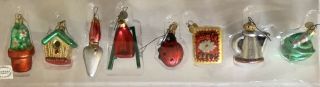 Vintage Dept 56 Mini Glass Xmas Ornaments 8 Garden Tools Ladybug Hose Seed Bird