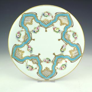 Antique Minton Porcelain Hand Painted Flowers Plate With Turquoise Banding