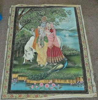 As Seen Vintage Handpainted Krishna & Radha Picture On Silk 110 H X 82 Cm W