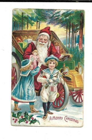 Santa Claus In Old Car Gives Toys To Children Antique Christmas Postcard