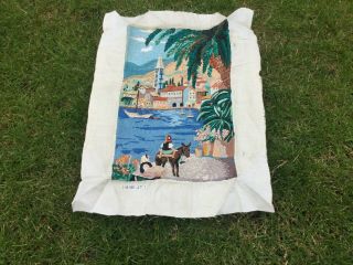 Vintage Tapestry Embroidered Picture Hand Stitch Old Spanish Village Scene