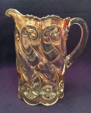 Eapg Antique Pattern S - Repeat Water Pitcher National Glass Gold Trim Northwood