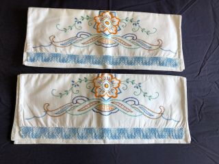 Pair Vintage Hand Embroidered White Cotton Housewife Pillow Cases Crochet Edging