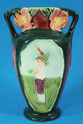 Antique Majolica Art Nouveau Vase Boy On Front Medallion Sweet