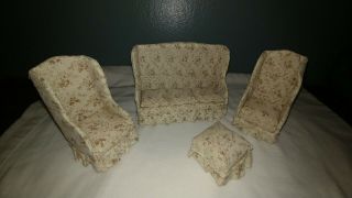 Vintage Dollhouse Miniatures Upholstered Sofa Chairs Ottoman Furniture 4 Pc Set