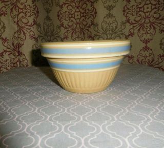 Antique Yellow Ware Mixing Bowl Blue White Bands Stripes Pottery Crock Small