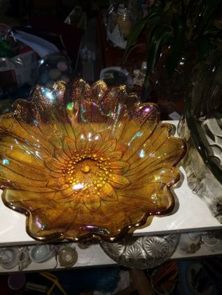 Marigold,  Sunflower Candy Dish.  Vintage Glassindiana Carnival Glass,  Amber Glass,