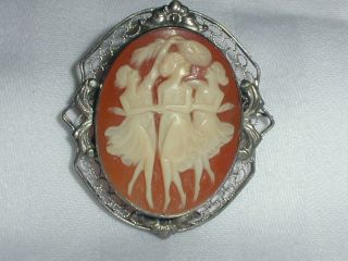 Antique Sterling Carved Coral Shell Cameo Brooch - The 3 Graces