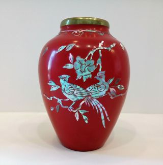 Vintage Red Enameled Brass Vase With Inlaid Mother Of Pearl In A Bird Design