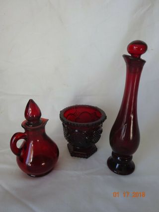 Vintage Avon Ruby Red Glassware,  Cape Cod Votive Holder,  Small Pitcher,  Bud Vase