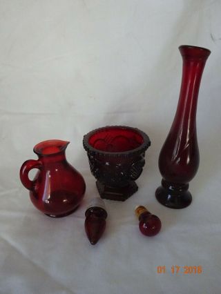 Vintage Avon Ruby Red Glassware,  Cape Cod votive holder,  Small Pitcher,  Bud Vase 2