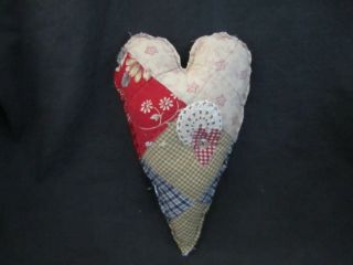 Primitive Quilted Heart Pillow - Doily,  Heart,  Button - Hanger - 17