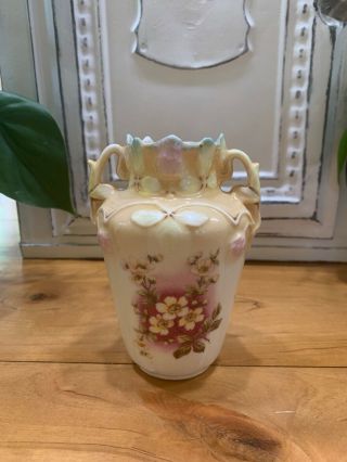 Antique Hand - Painted Vase Pink White Flowers Porcelain Made In Austria Chipped