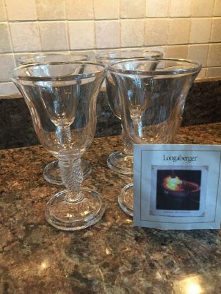 Longaberger 8oz.  Water Goblets Twisted Stems Clear Glass Set Of 4