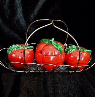 Vintage 5 Pc.  Ceramic Tomato Salt Pepper Shakers,  Condiment Dish W Metal