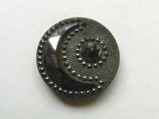 Pretty Antique Victorian Black Glass Silver Luster Button Crescent Moon & Star