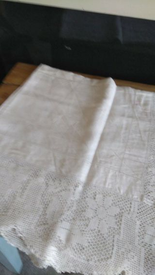 Vintage White Linen Tablecloth With Deep Embroidered Edge