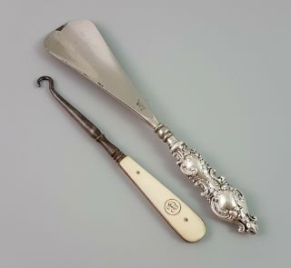 Edwardian Sterling Silver Shoehorn Bone Button Hook Ornate Scroll Vanity Table