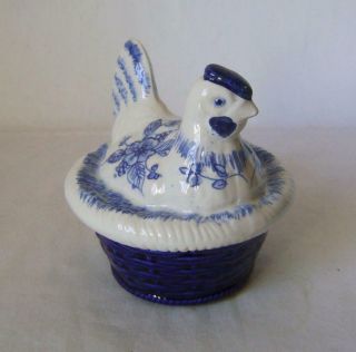 Portugese Blue & White Pottery Hen On Nest / Chicken: Label For Casa Pupo London