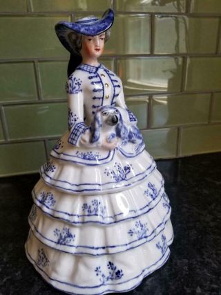 Vintage Blue and White Ceramic Jar Figurine,  Elegant Lady with Spaniel Dog 2
