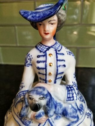 Vintage Blue and White Ceramic Jar Figurine,  Elegant Lady with Spaniel Dog 3