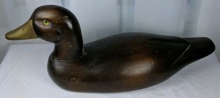 Vintage Duck Decoy Hand Carved Wood With Glass Eyes And Brass Beak 13 In Long