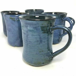 Set Of 6 Wendy Schmidt Art Studio Pottery Coffee Tea Mugs Cups Blue Signed