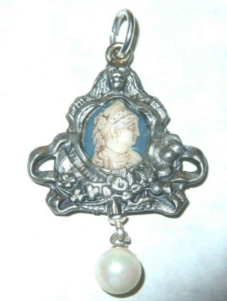 Antique Art Nouveau Silver Cameo Pearl Drop Pendant C1900 With Rd Number 384293
