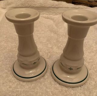 Longaberger Pottery Heritage Green Candle Stick Holders - Set Of 2