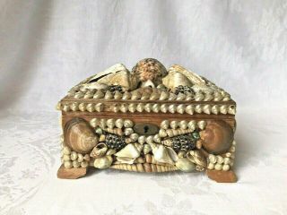 Vintage Shell Art Sailors Valentine Wooden Trinket Jewelry Box W/ Insert Tray