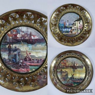 Set Of 3 Vintage Made In England Brass Wall Hanging Plates Decor Seaside Scenry