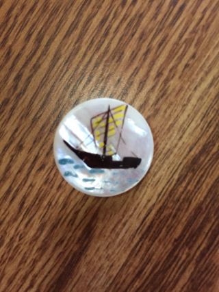 Antique Vintage Hand Painted Sailboat,  Mother Of Pearl Shell Button