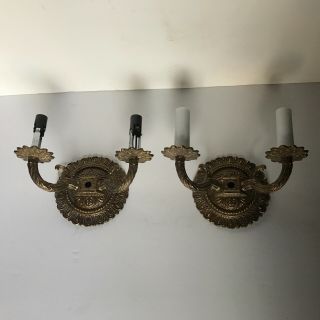 Antique Matching Pair Brass Double Socket Electric Wall Sconce Spain