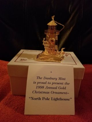 Danbury 1998 Annual Gold Christmas Tree Ornament North Pole Lighthouse