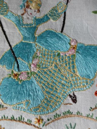 Embroidery Girl In Crinoline Dress On Swing In Garden,  Raised Work,  Butterflies