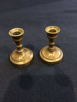 Set Of 2 Small Brass Candle Stick Holders Antique -