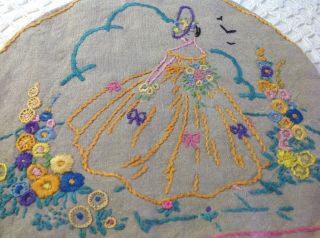Stunning Hand Embroidered Crinoline Lady & Garden Teapot Cosy Cover On Dark Ecru