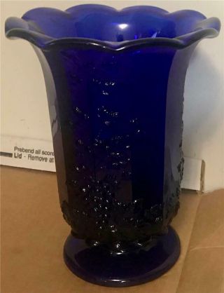 Vintage Cobalt Blue Heavy Glass 8 " T Vase - Leaf & Grape Pattern - Marked 