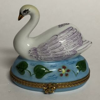 Limoges France Porcelain Hinged Trinket Box Figural Swan Hand Painted Peint Main
