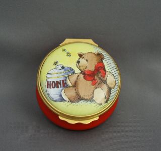 Halcyon Days Enamels Teddy Bear Honey Trinket Box Tiffany & Co Pill Red Base